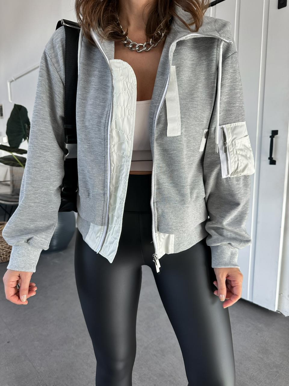 Gri Çitf Katlı Fermuarlı Tasarım Sweatshirt