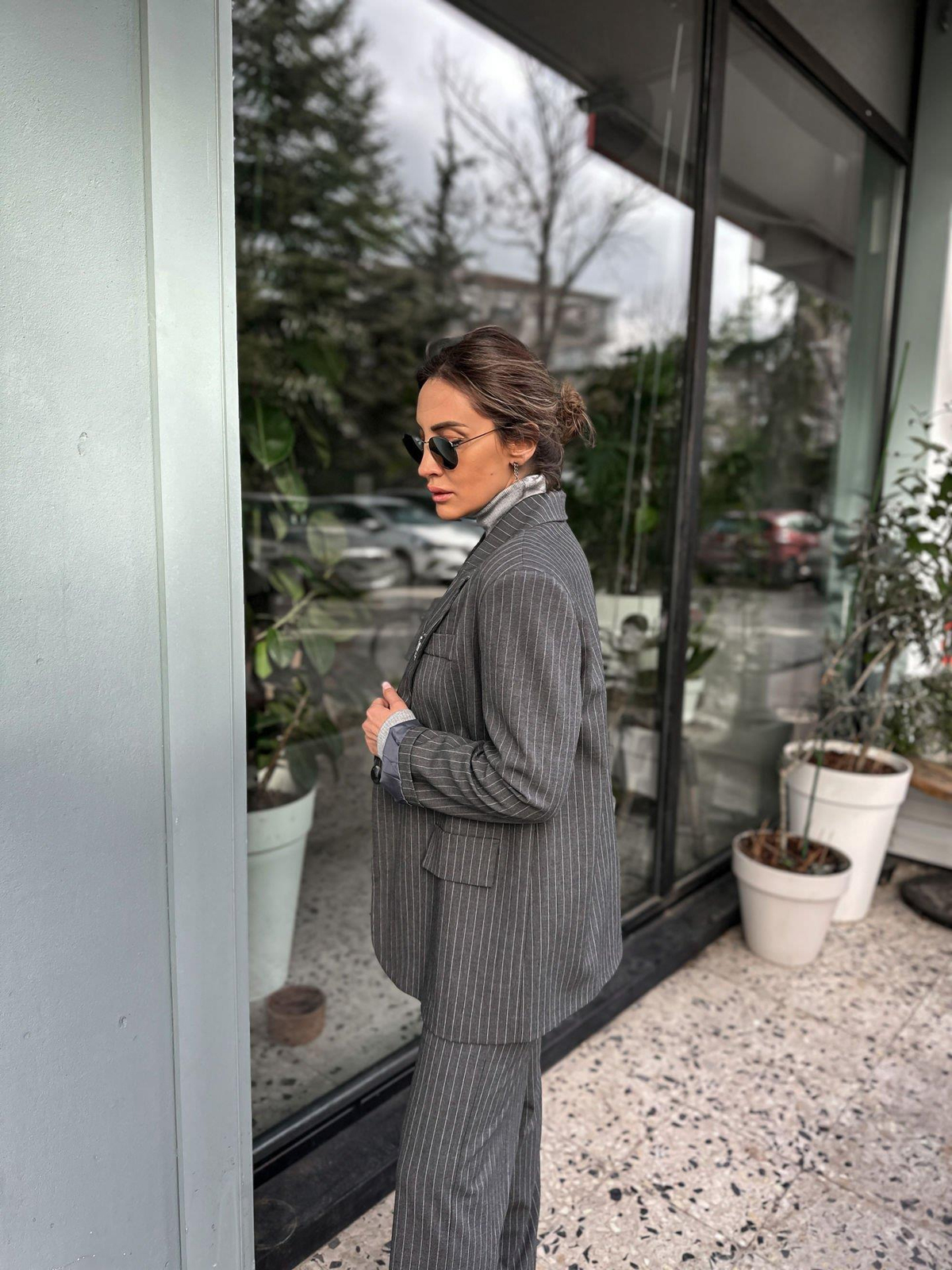 Gri Çizgili Oversize Ceket