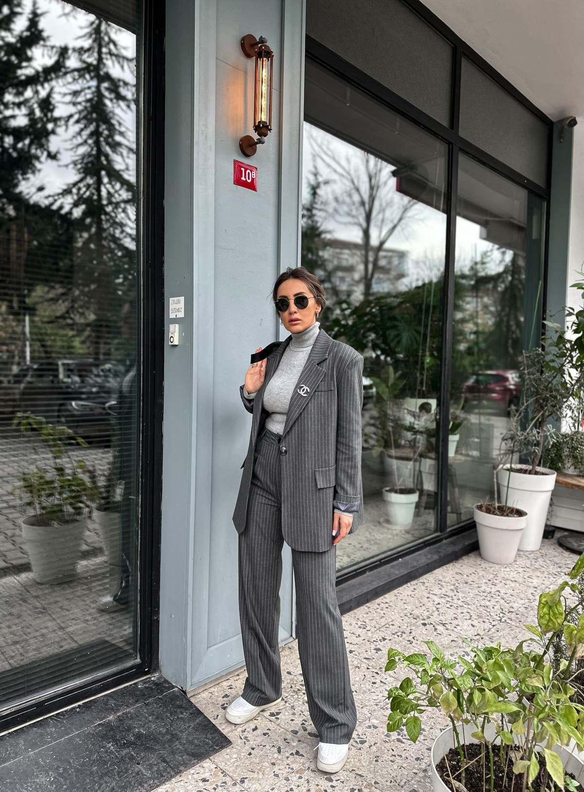 Gri Çizgili Oversize Ceket