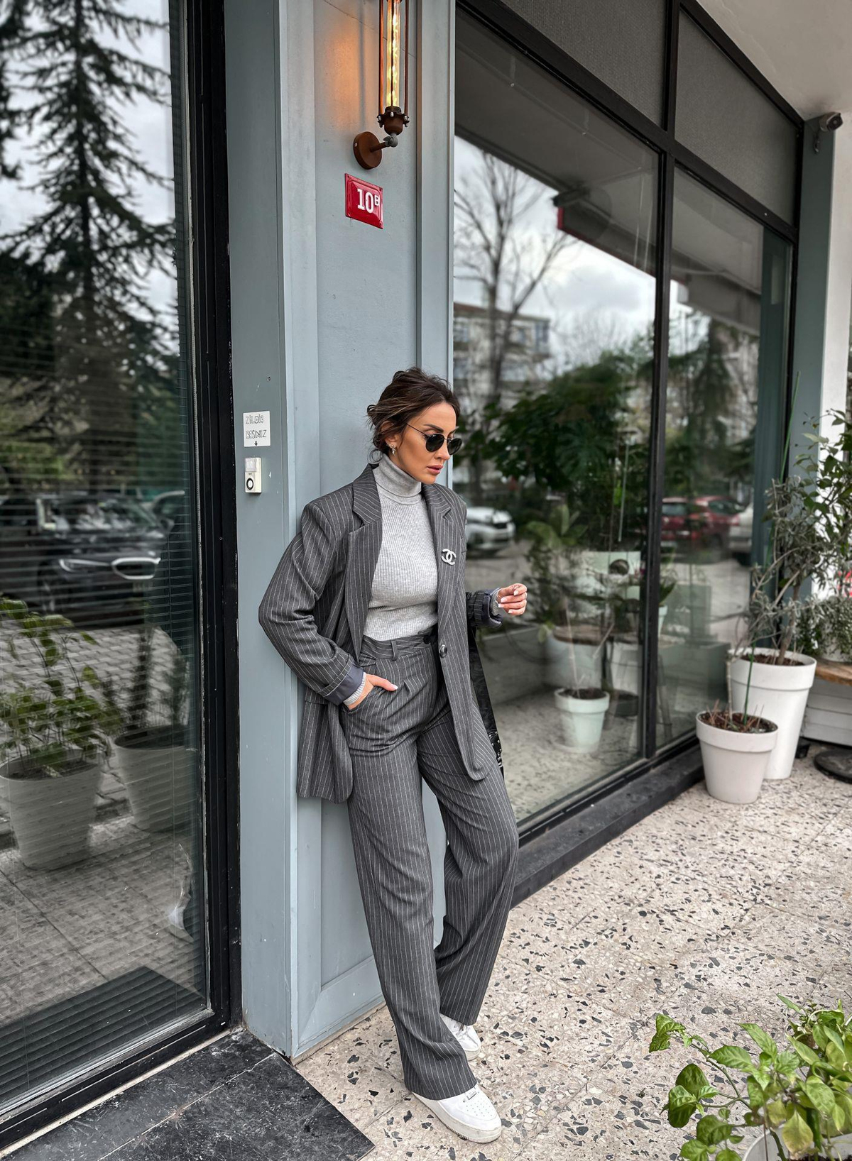 Gri Çizgili Oversize Ceket