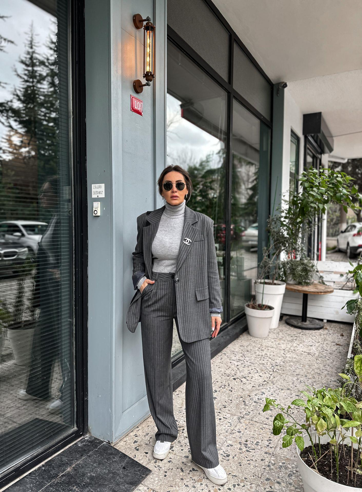 Gri Çizgili Oversize Ceket
