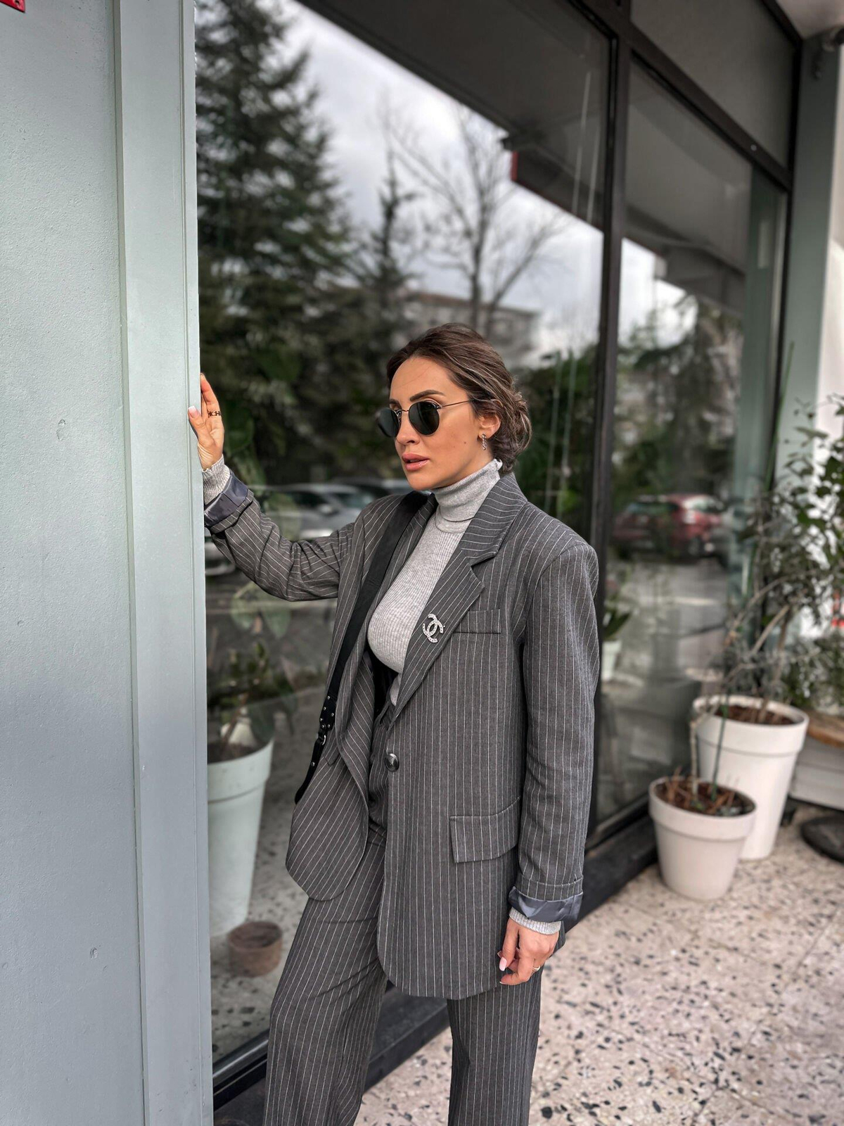 Gri Çizgili Oversize Ceket