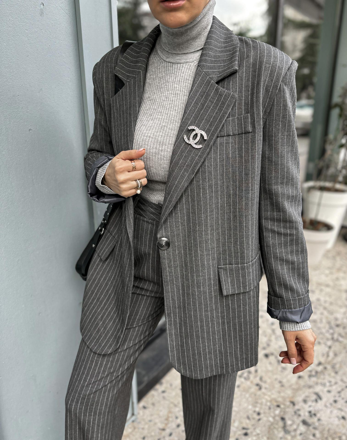 Gri Çizgili Oversize Ceket