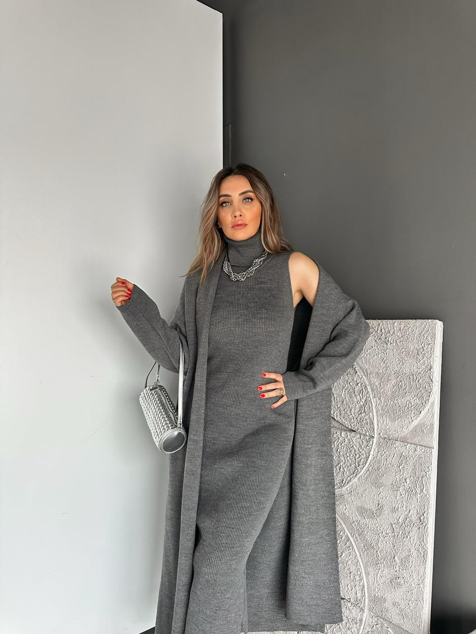Gri Elbise Hırka Triko Takım