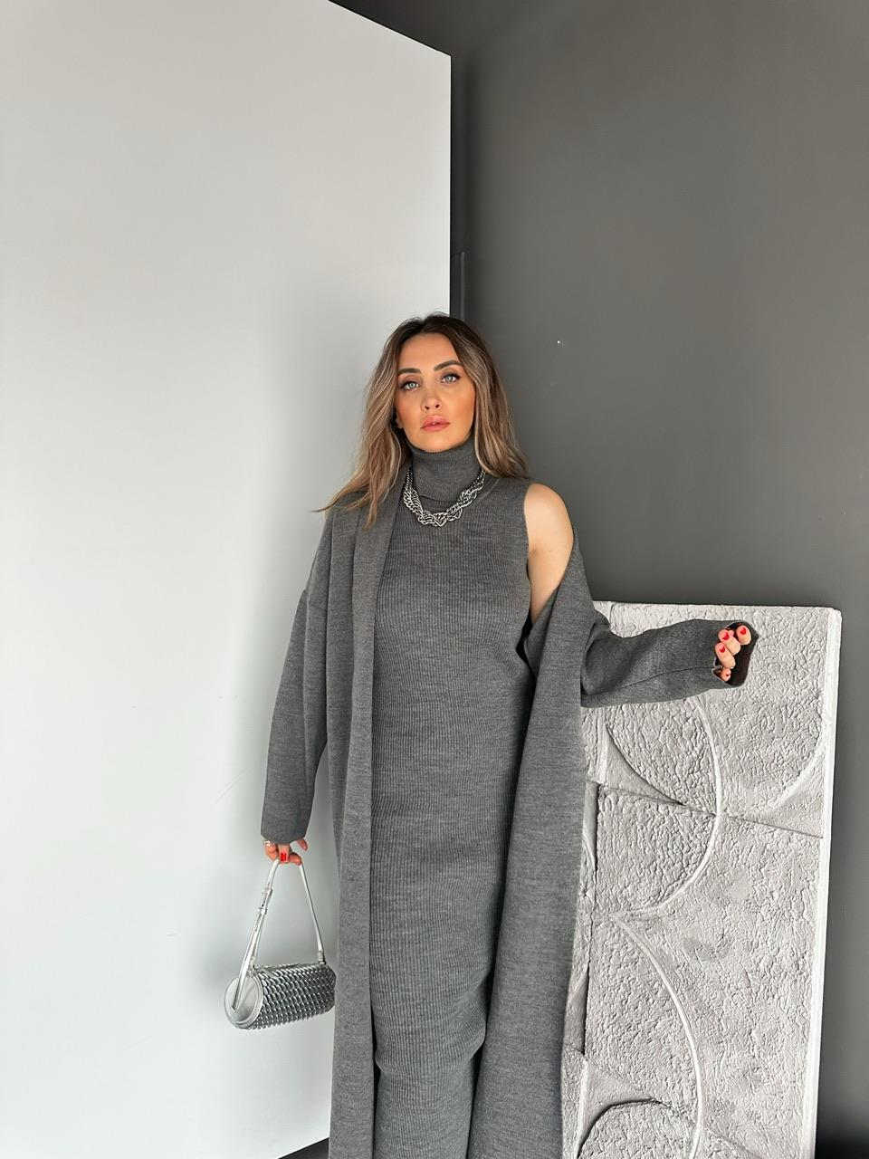 Gri Elbise Hırka Triko Takım