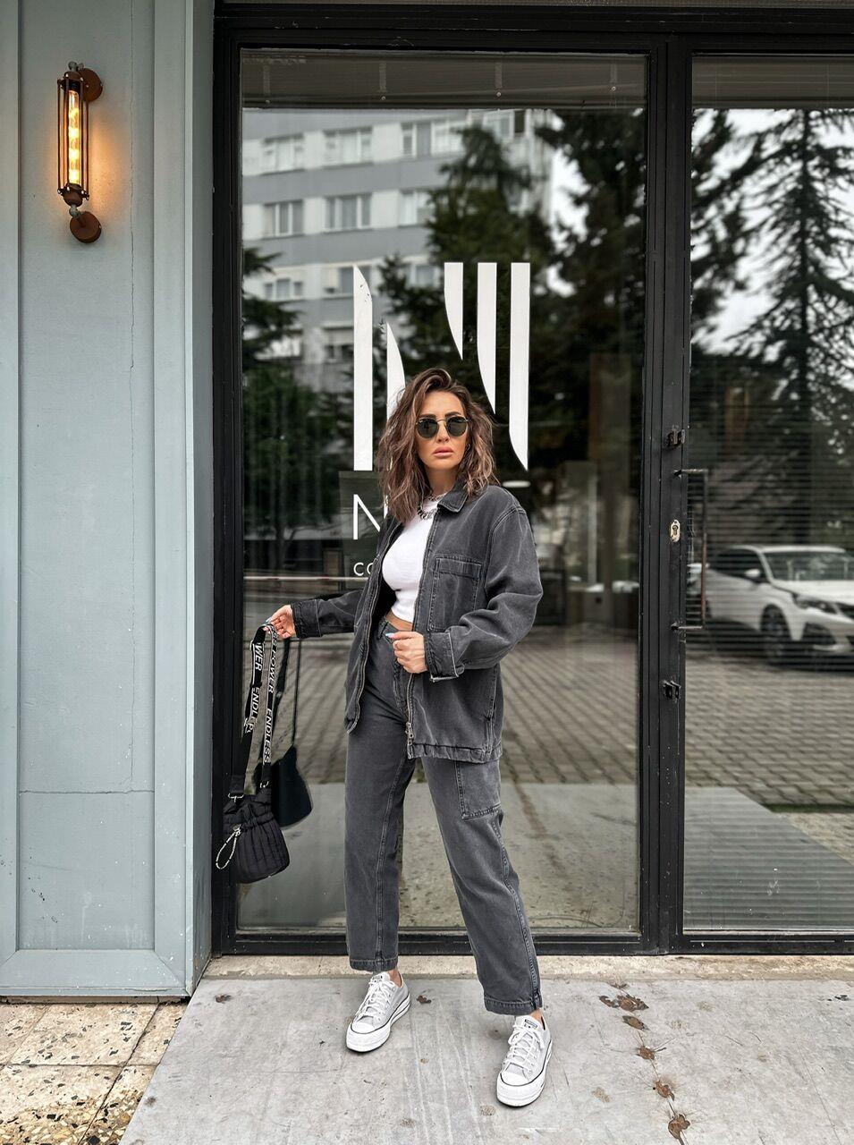 Gri Fermuarlı Denim Ceket