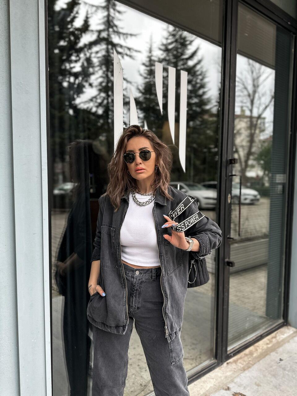 Gri Fermuarlı Denim Ceket