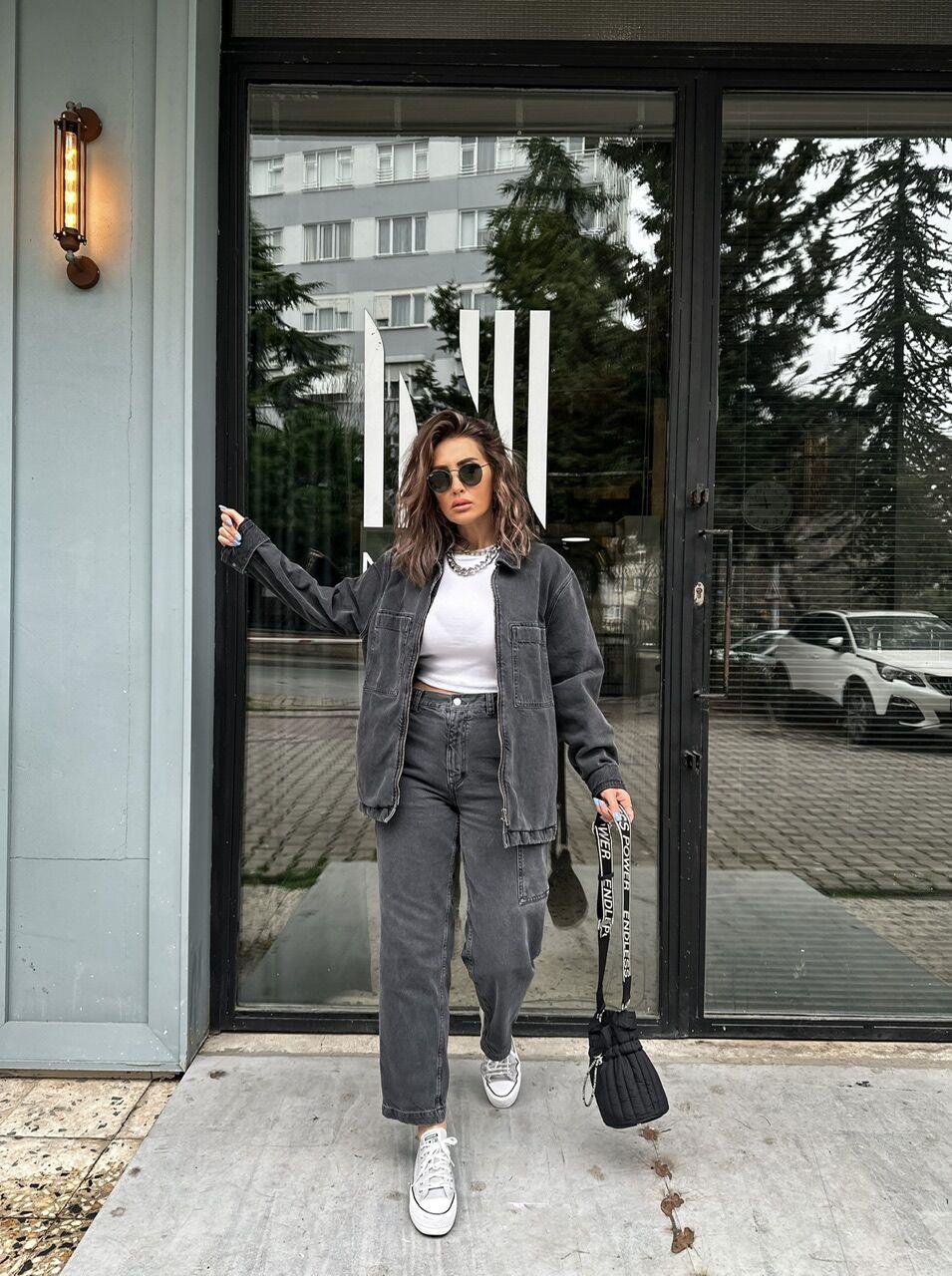 Gri Fermuarlı Denim Ceket