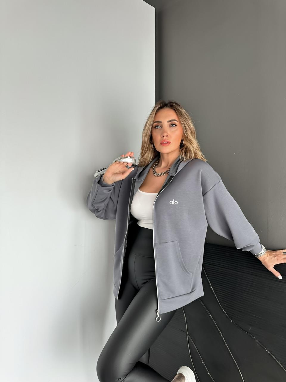 Gri Fermuarlı Kapşonlu Alo Sweatshirt