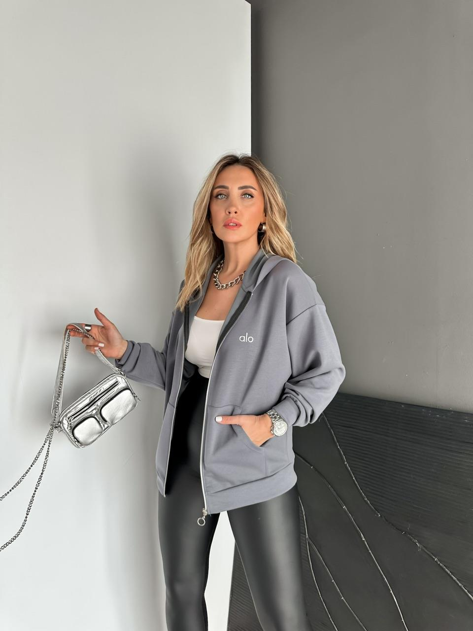 Gri Fermuarlı Kapşonlu Alo Sweatshirt