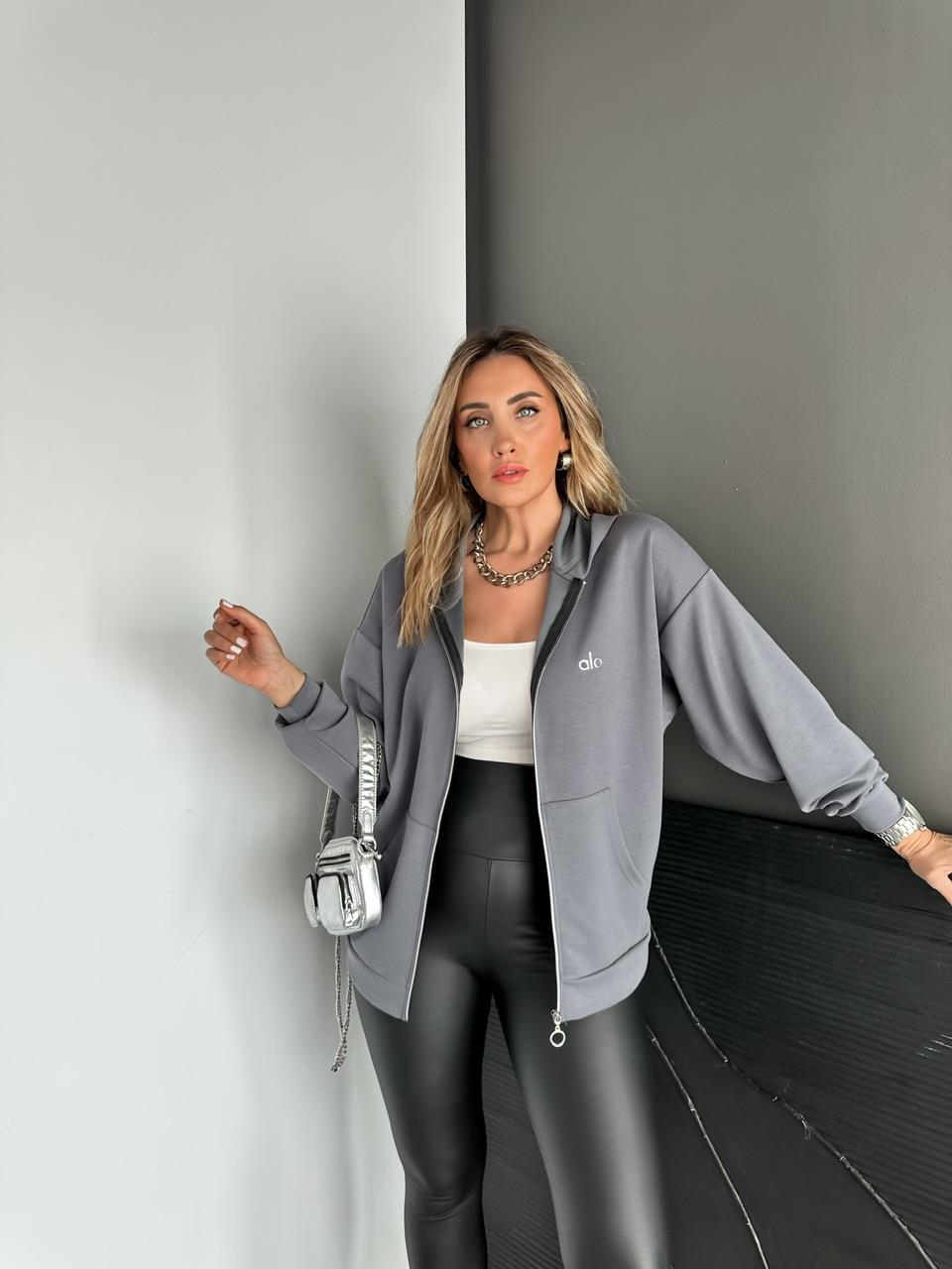 Gri Fermuarlı Kapşonlu Alo Sweatshirt