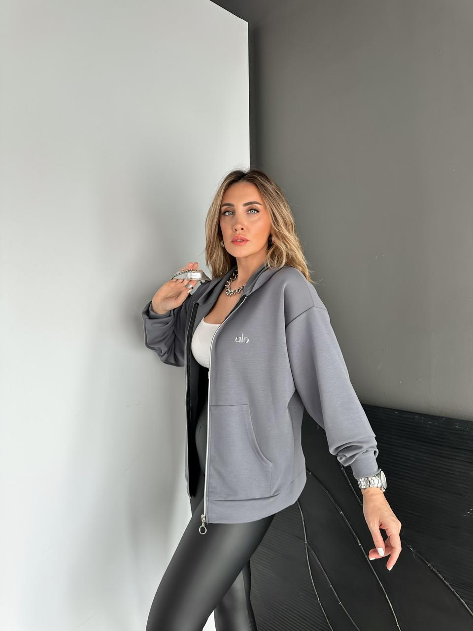 Gri Fermuarlı Kapşonlu Alo Sweatshirt