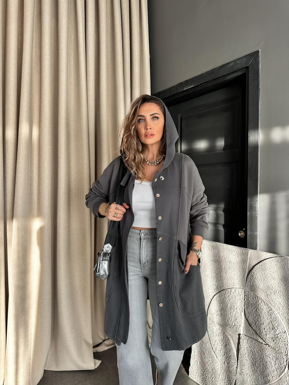 Gri Geniş Cepli Cotton Trençkot