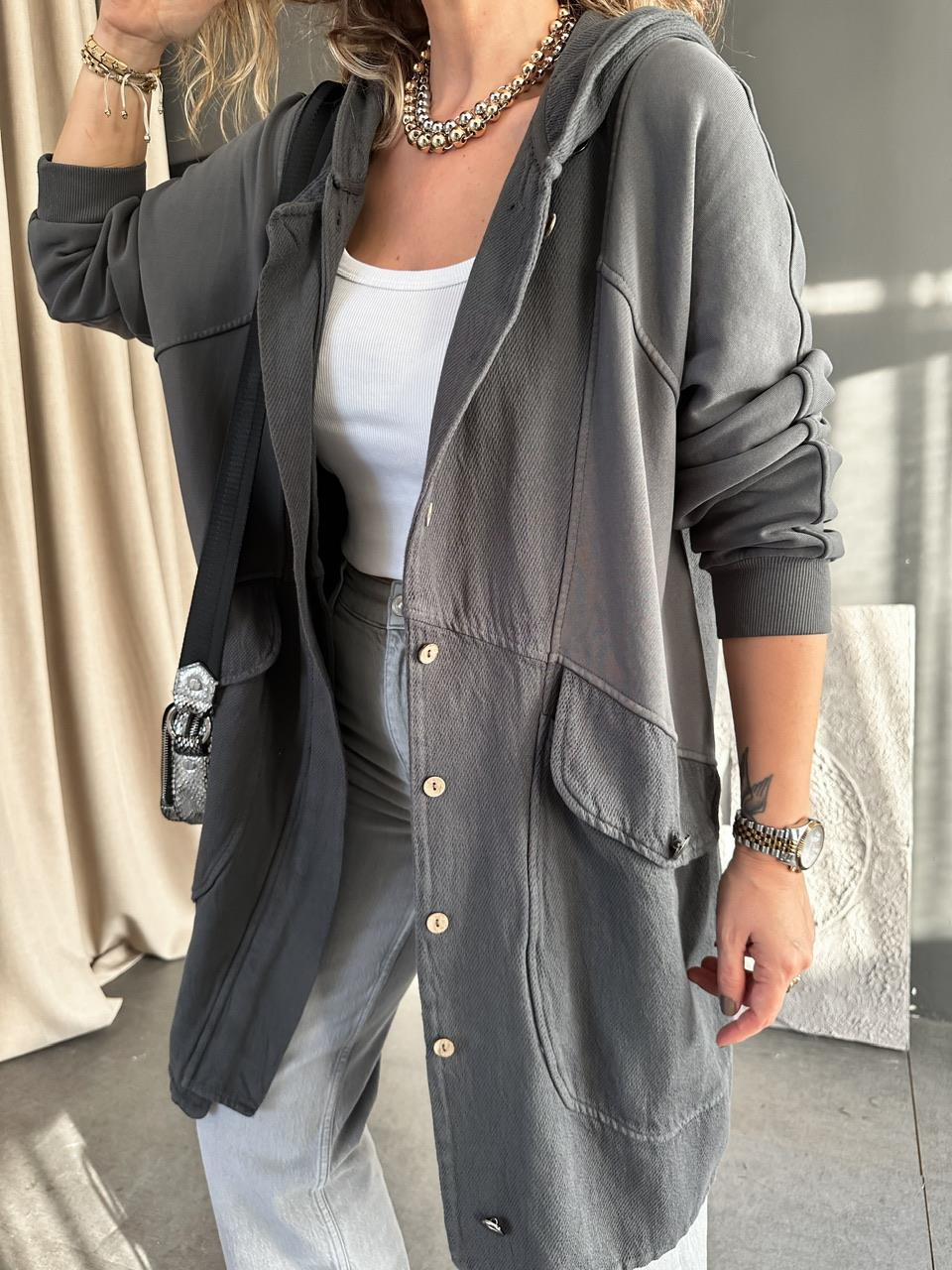 Gri Geniş Cepli Cotton Trençkot