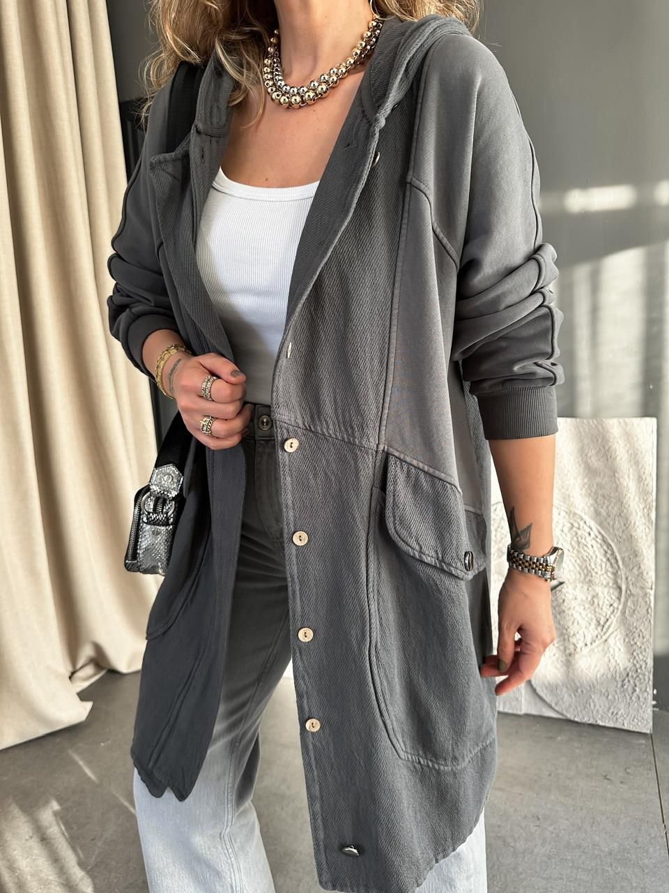 Gri Geniş Cepli Cotton Trençkot