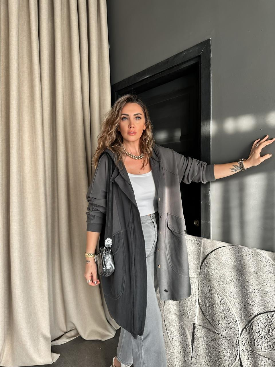 Gri Geniş Cepli Cotton Trençkot