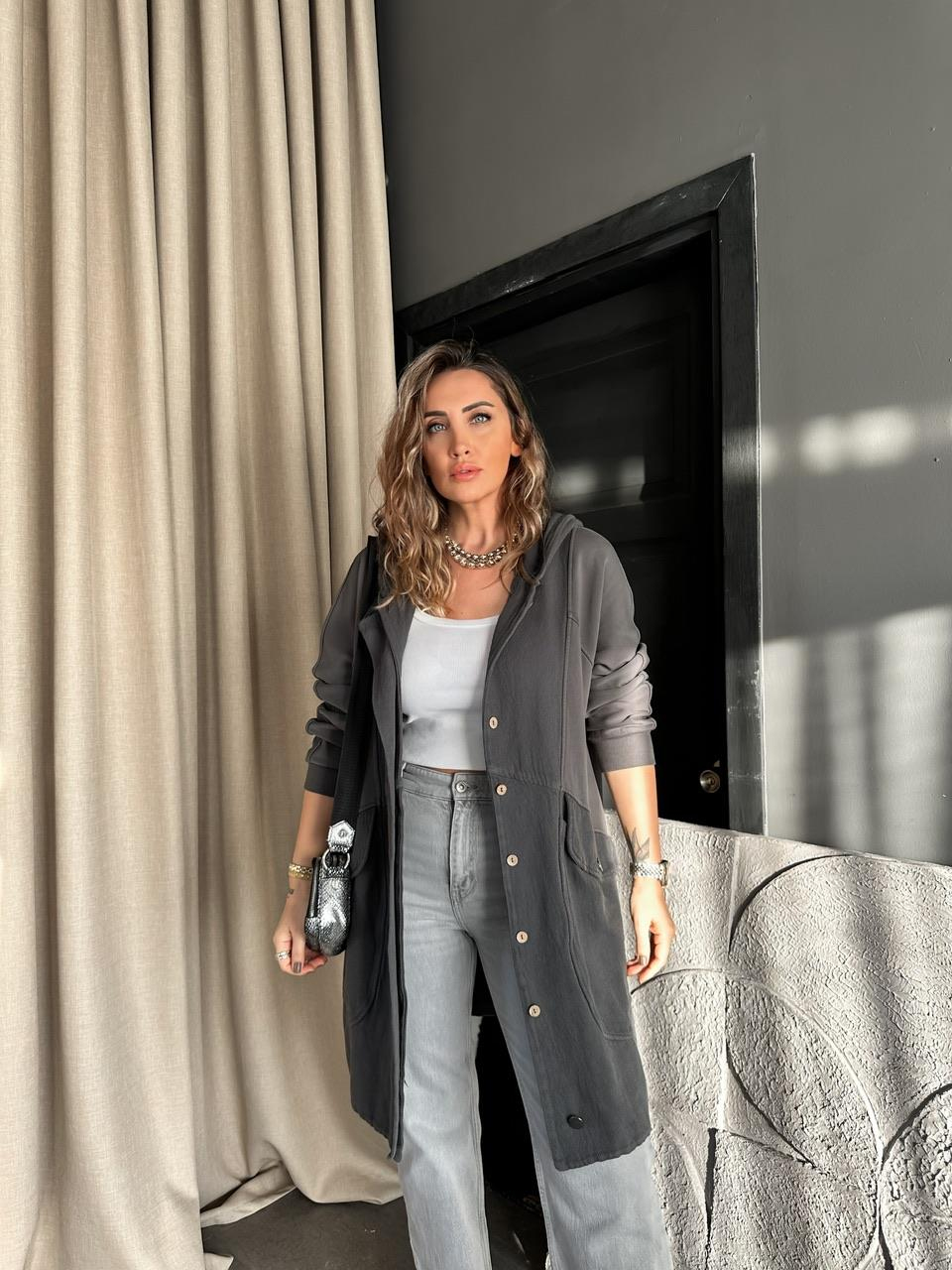 Gri Geniş Cepli Cotton Trençkot