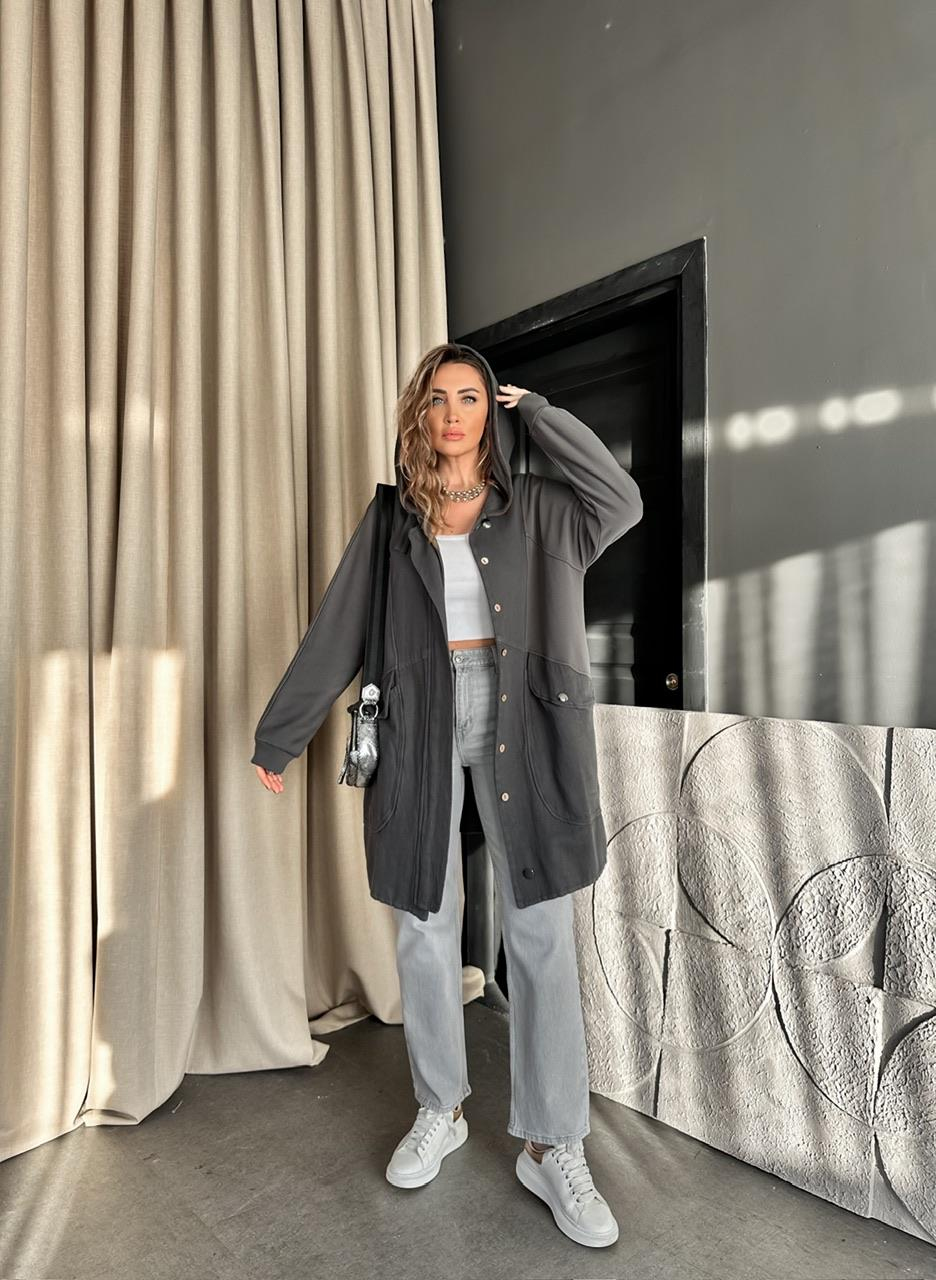 Gri Geniş Cepli Cotton Trençkot