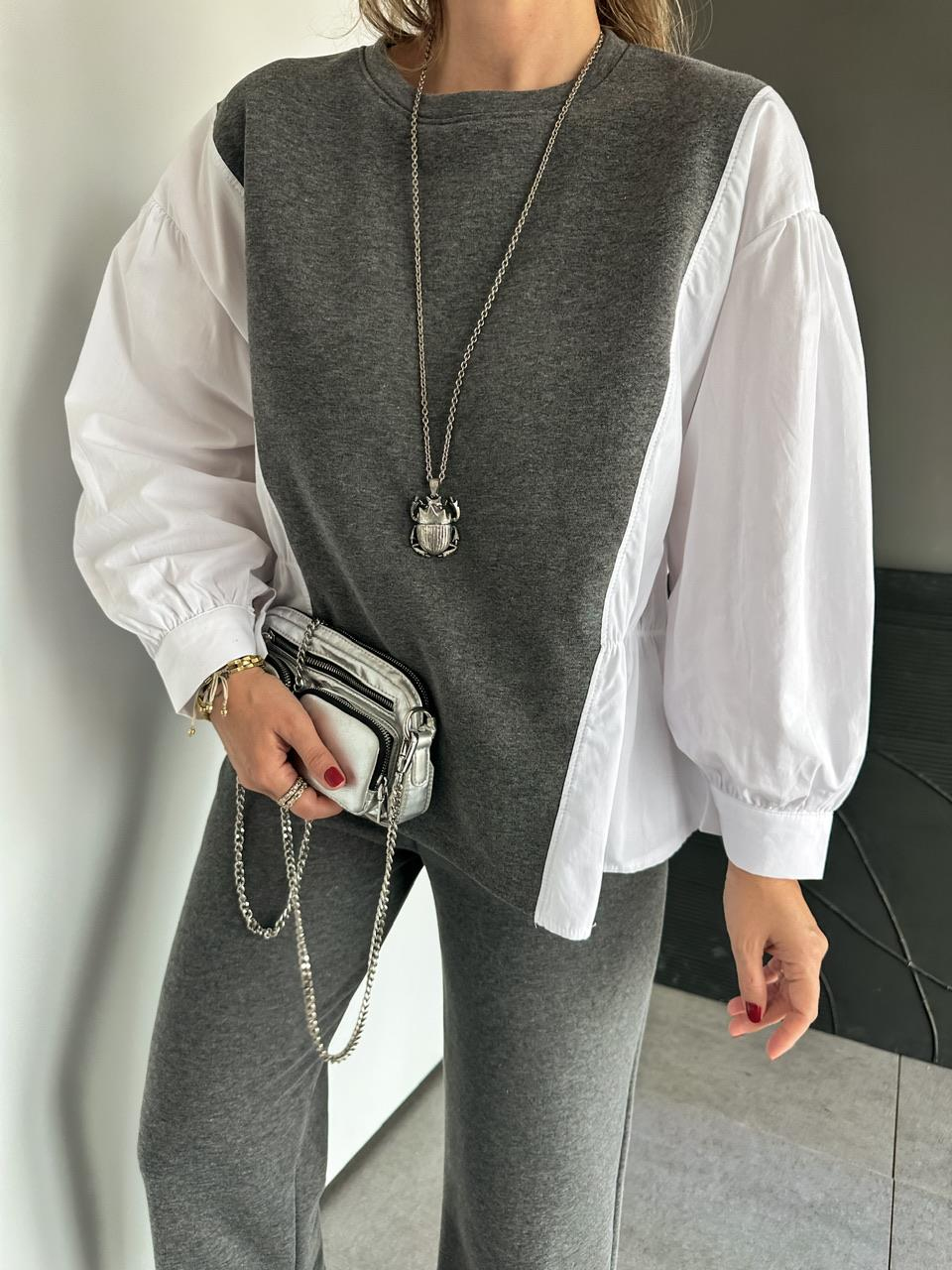 Gri Gömlek Detaylı Sweat Takım