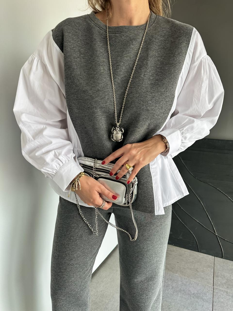 Gri Gömlek Detaylı Sweat Takım