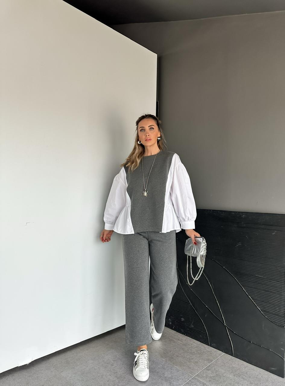 Gri Gömlek Detaylı Sweat Takım