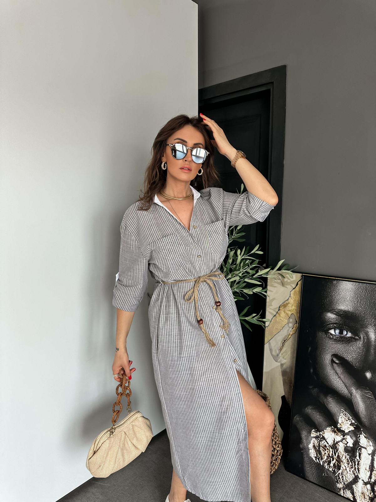 Gri Halat Kemerli Gömlek Elbise