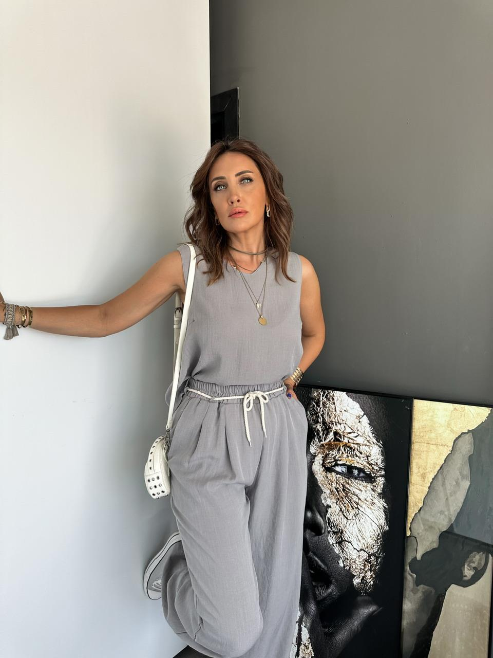 Gri Halat Kemerli Keten Takım