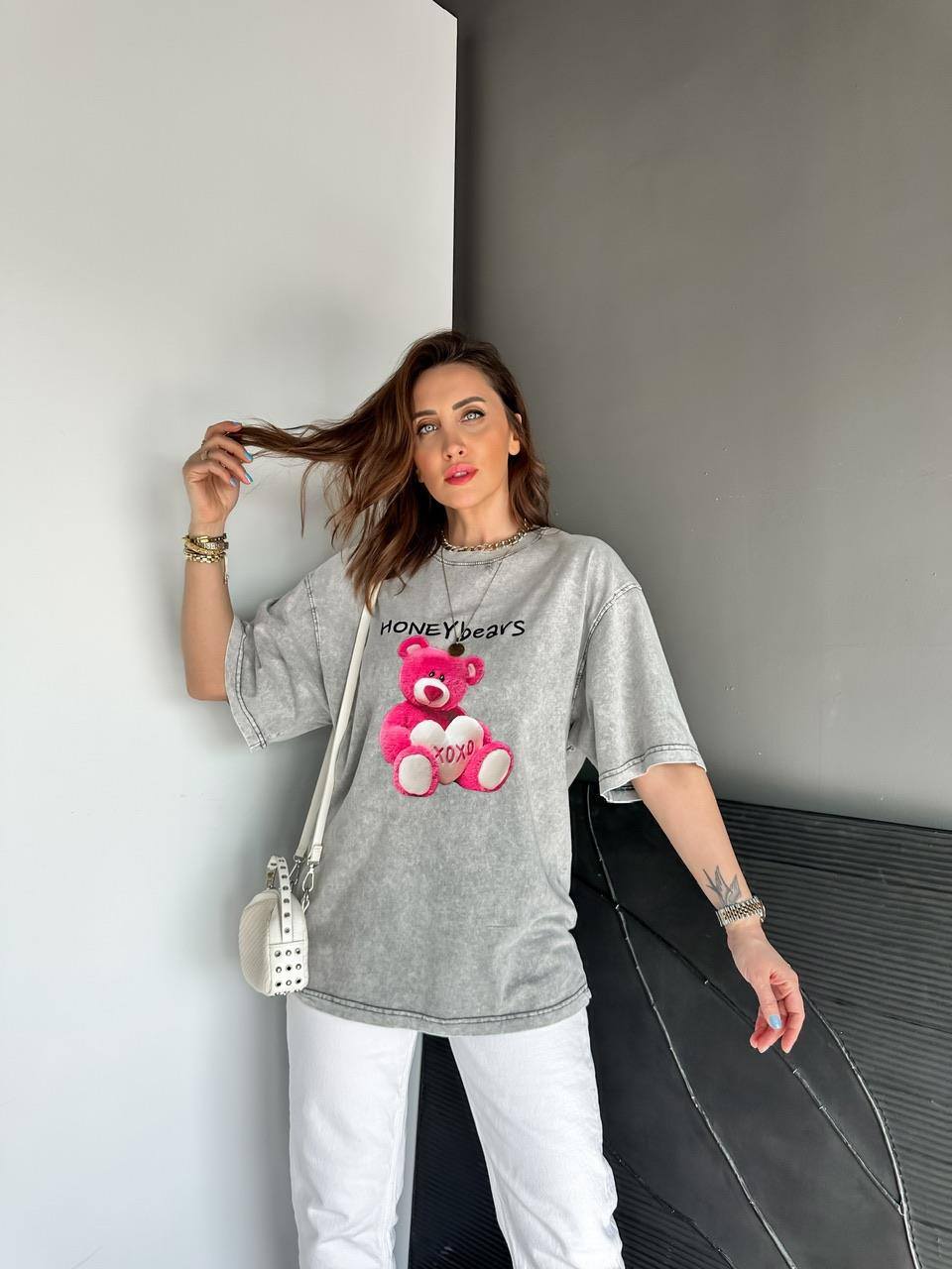 Gri Honey Bears Yıkamalı Tshirt
