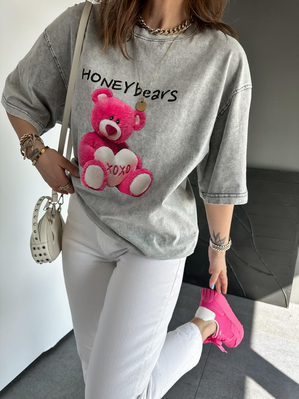 Gri Honey Bears Yıkamalı Tshirt