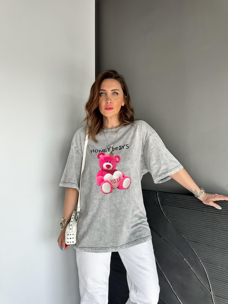 Gri Honey Bears Yıkamalı Tshirt