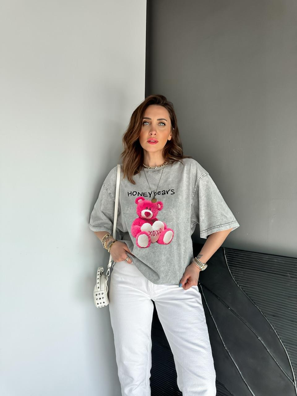 Gri Honey Bears Yıkamalı Tshirt