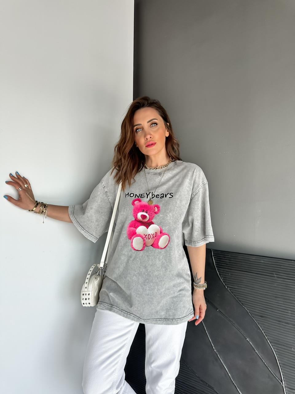 Gri Honey Bears Yıkamalı Tshirt