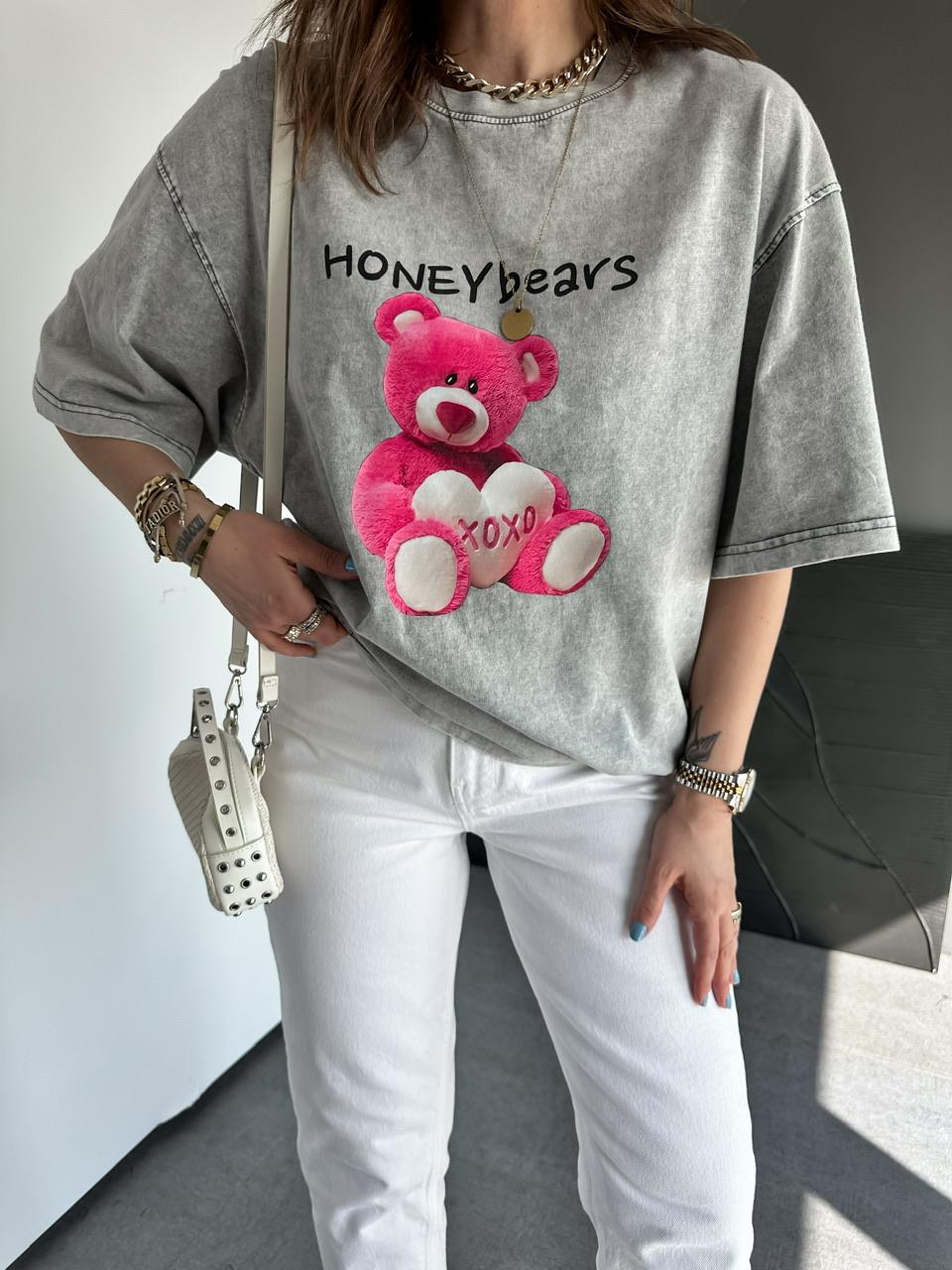 Gri Honey Bears Yıkamalı Tshirt