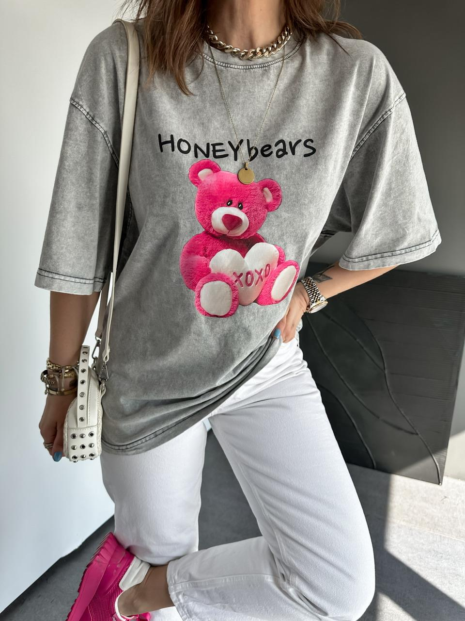 Gri Honey Bears Yıkamalı Tshirt