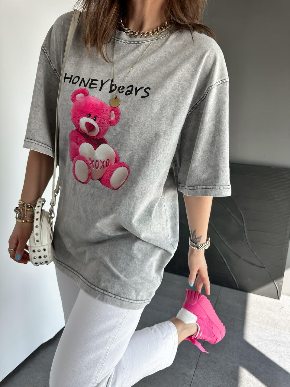 Gri Honey Bears Yıkamalı Tshirt