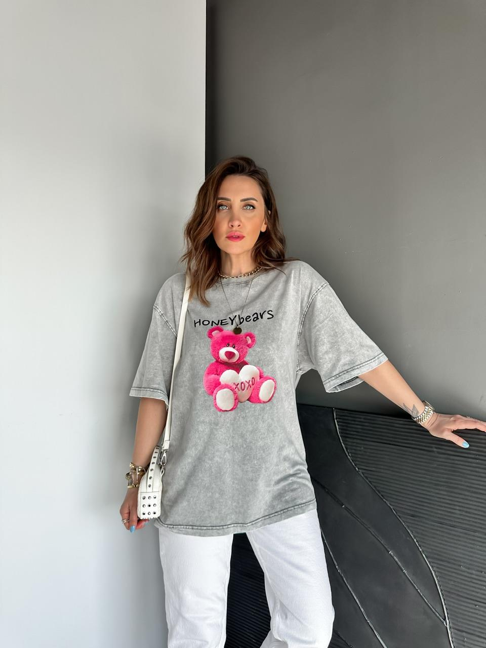 Gri Honey Bears Yıkamalı Tshirt