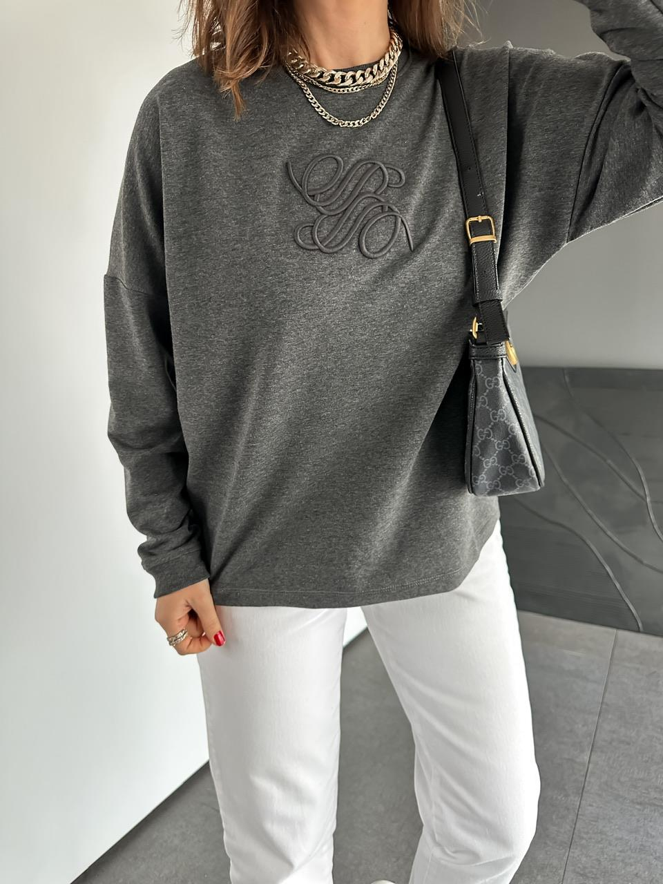 Gri Kabartma Logolu Sweatshirt