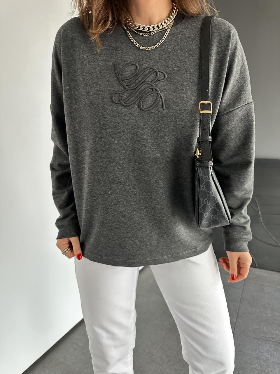 Gri Kabartma Logolu Sweatshirt