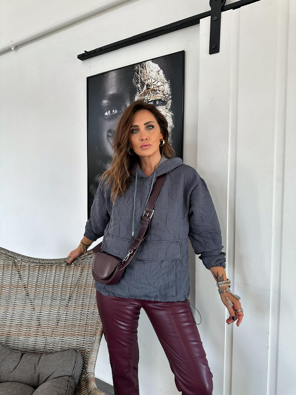 Gri Kapitone Kapşonlu Sweatshirt