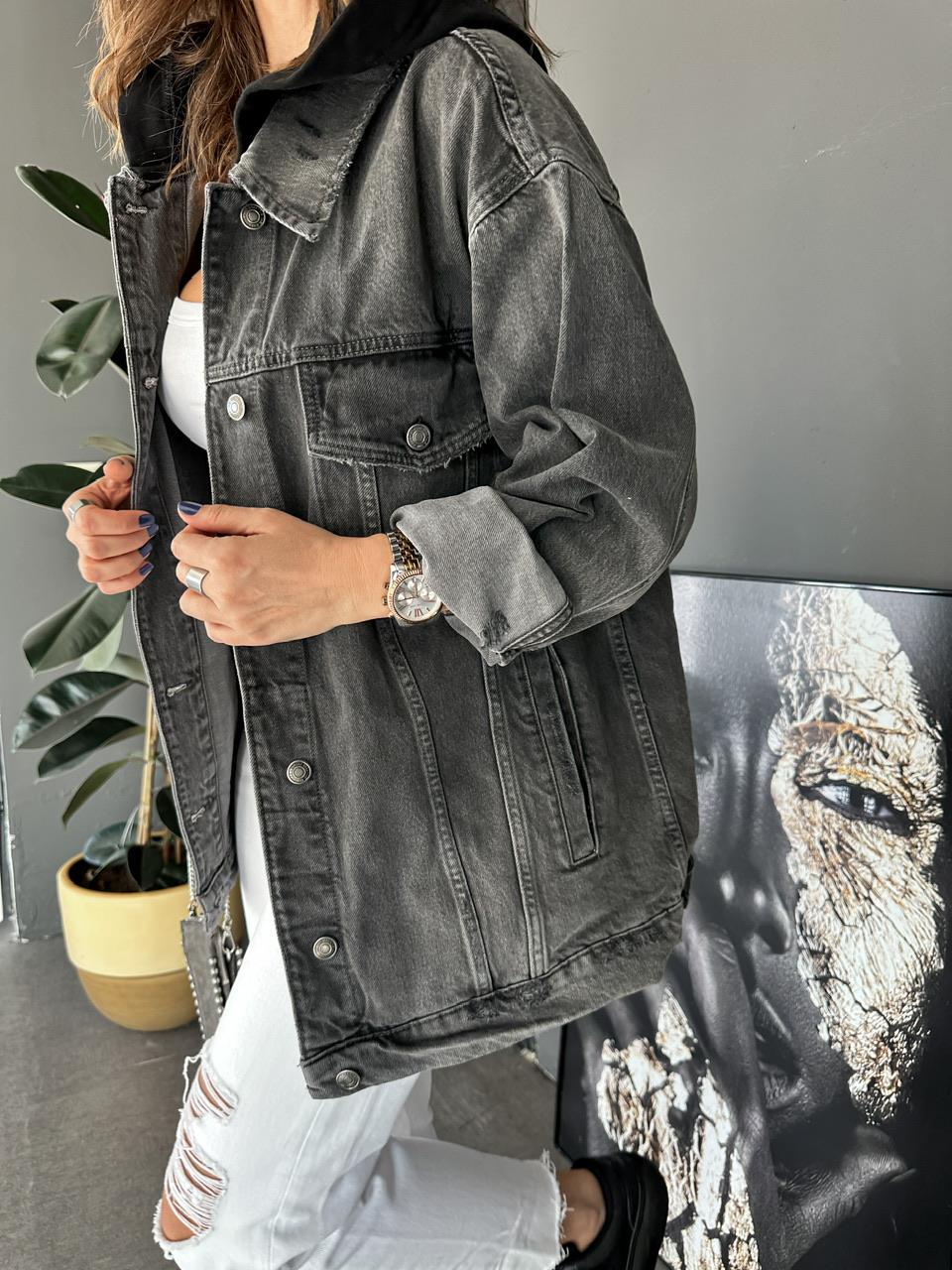 Gri Kapşonlu Oversize Kot Ceket