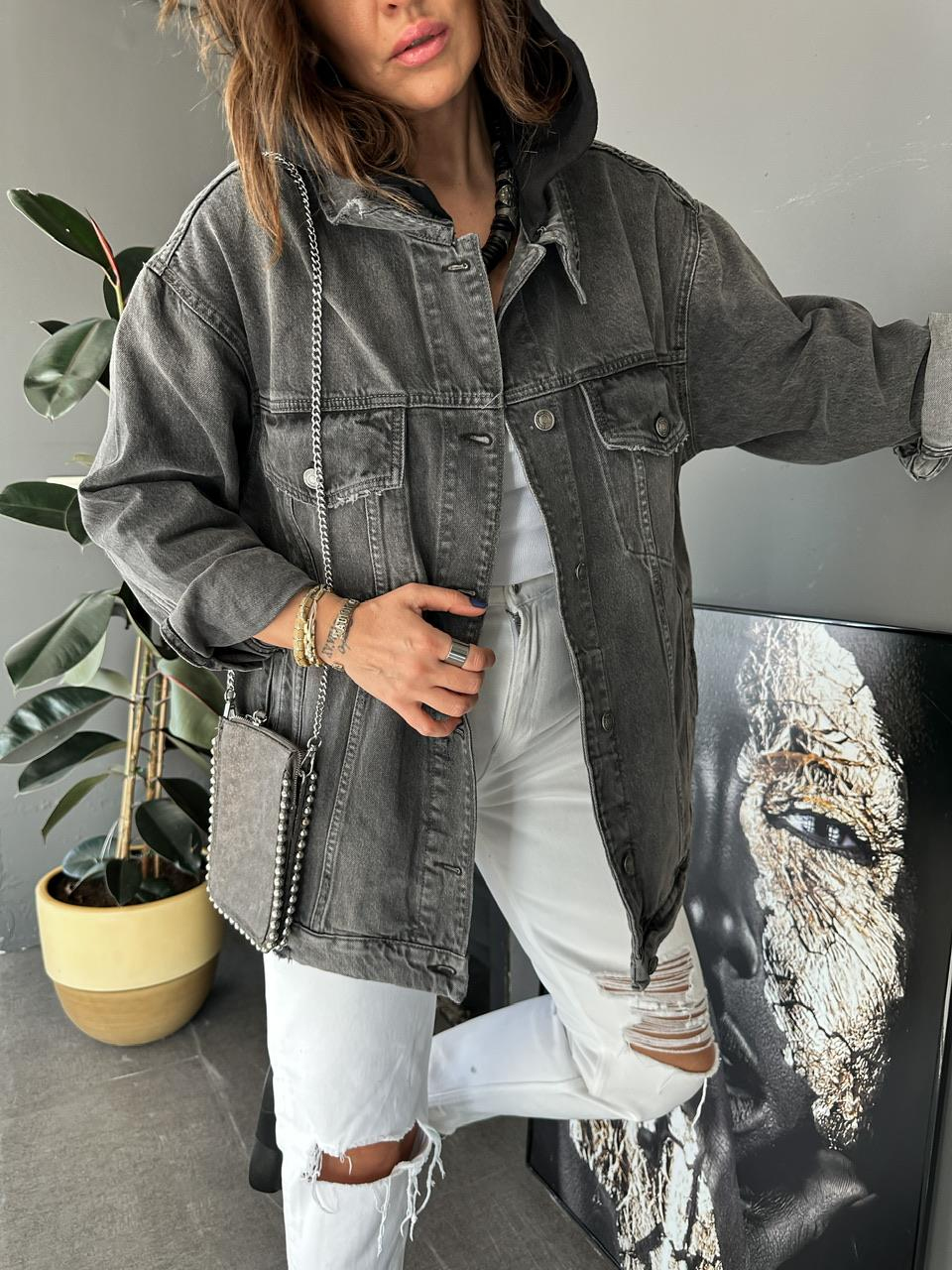 Gri Kapşonlu Oversize Kot Ceket