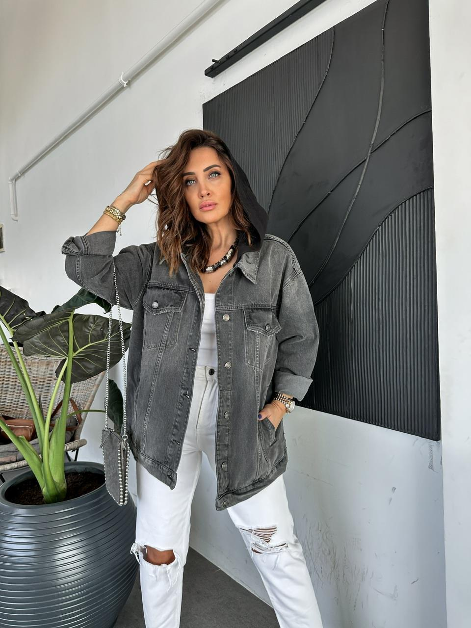 Gri Kapşonlu Oversize Kot Ceket