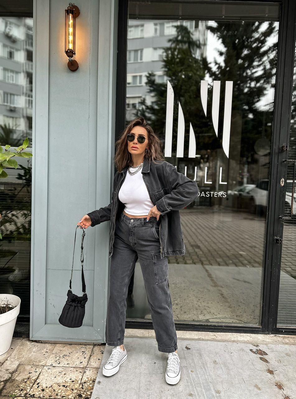 Gri Kargo Denim Pantolon