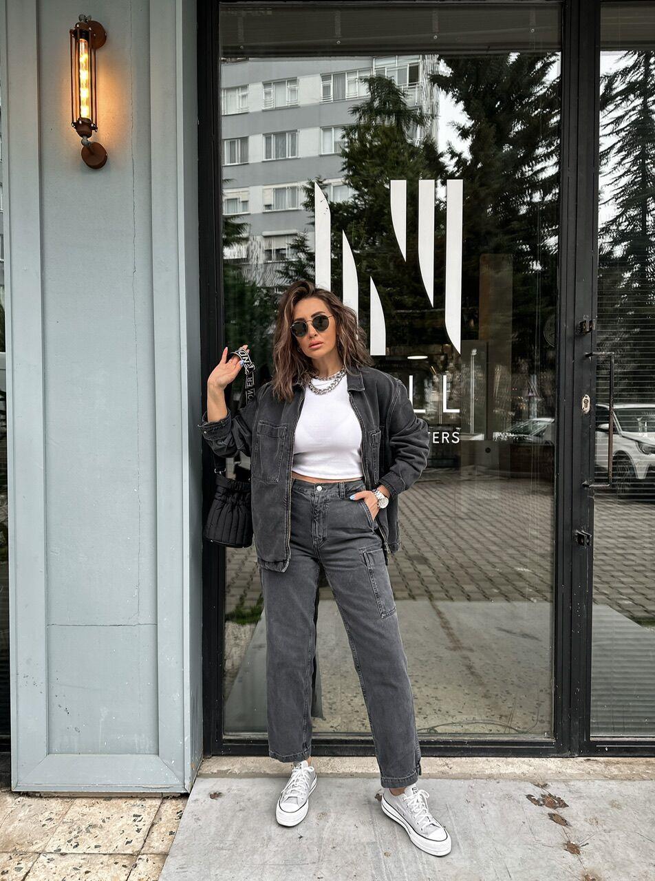 Gri Kargo Denim Pantolon