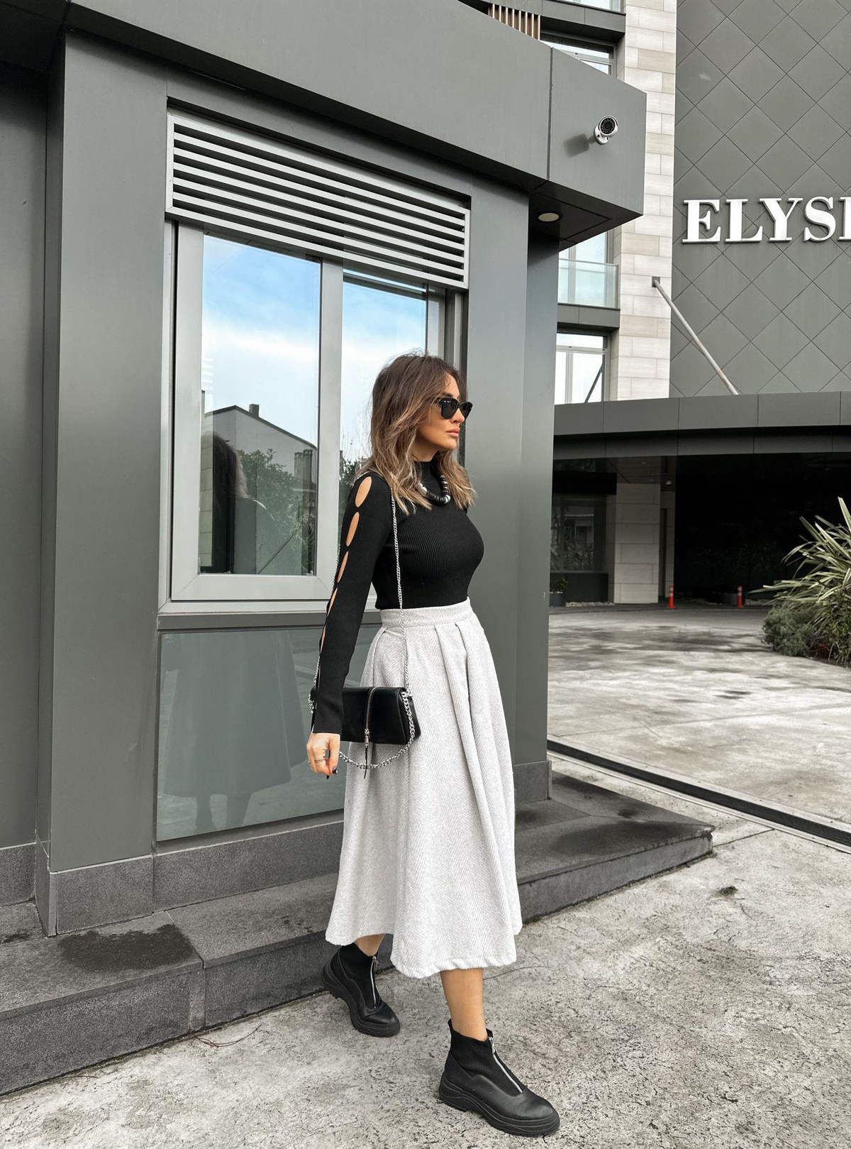 Gri Kaşe Pileli Etek