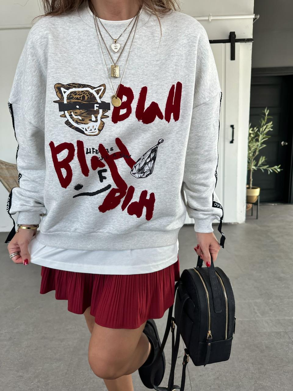 Gri Kolu Yazılı Sweatshirt