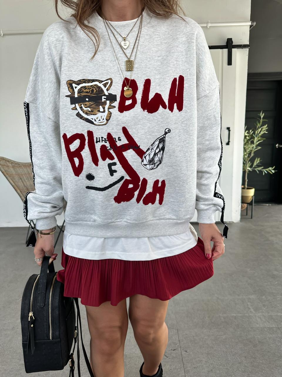 Gri Kolu Yazılı Sweatshirt