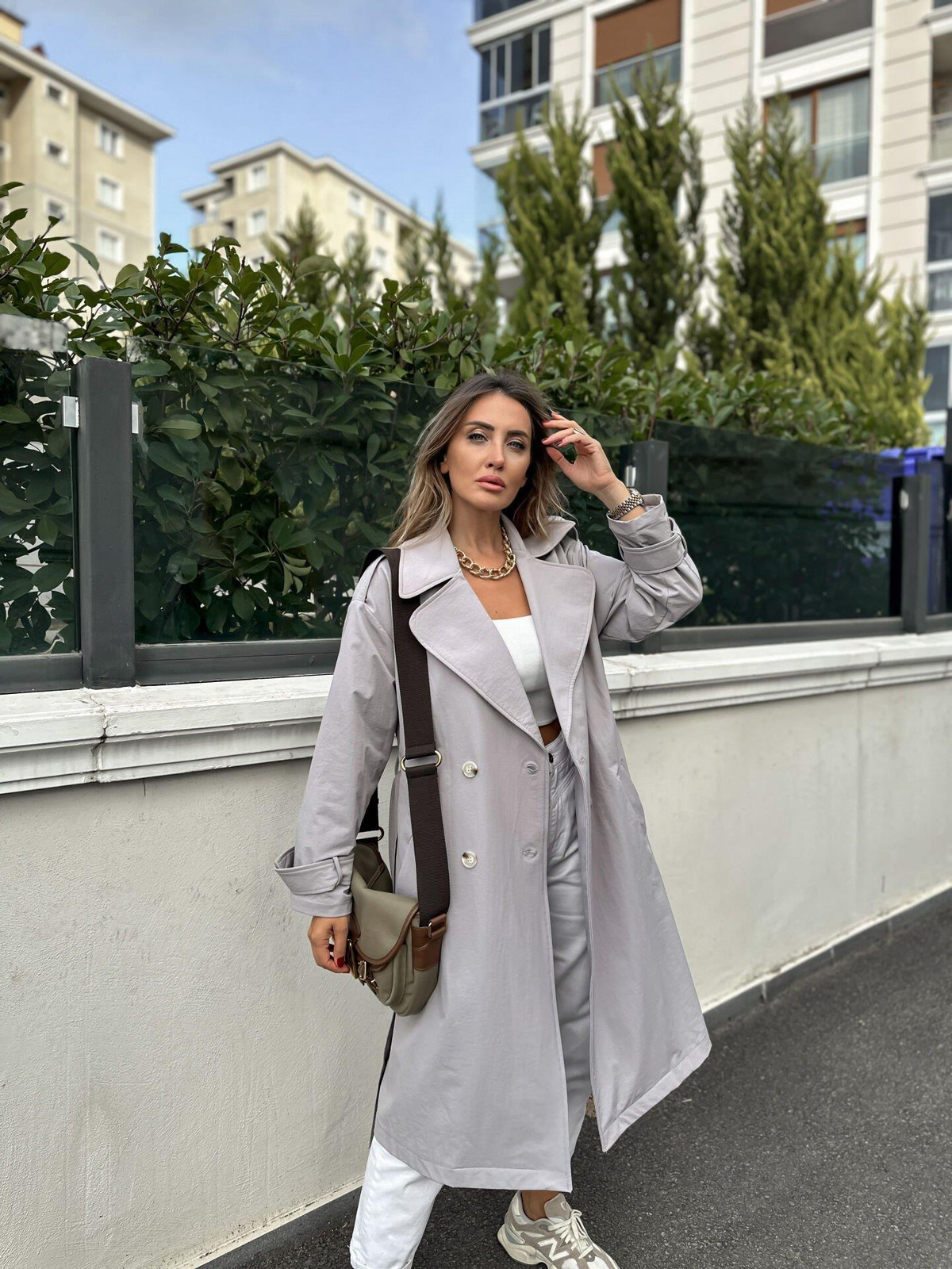 Gri Kuşaklı Basic Trençkot