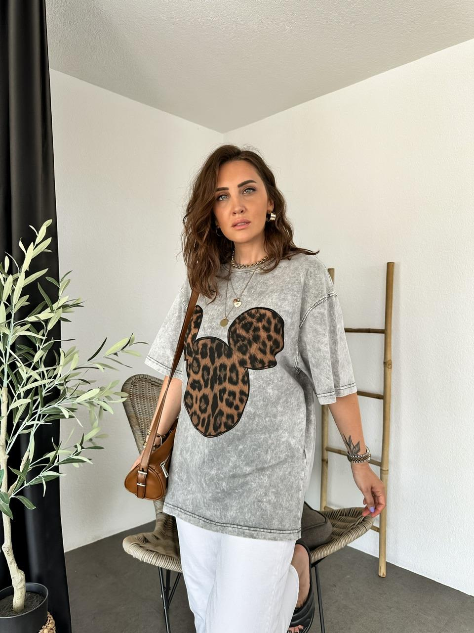 Gri Leopar Mickey Figürlü Tshirt