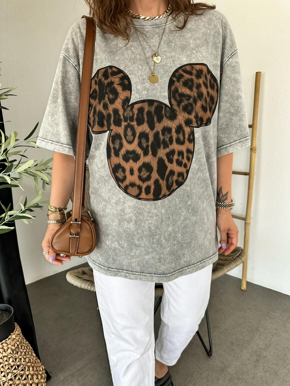 Gri Leopar Mickey Figürlü Tshirt